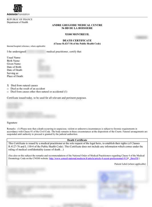 Translate death certificate